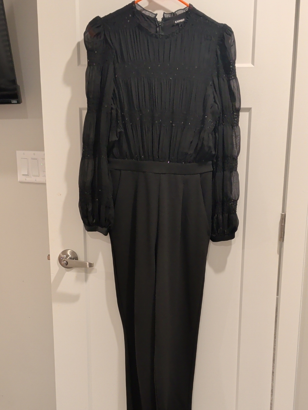 Express Black Sheer-Paneled Long Sleeve Jumpsuit